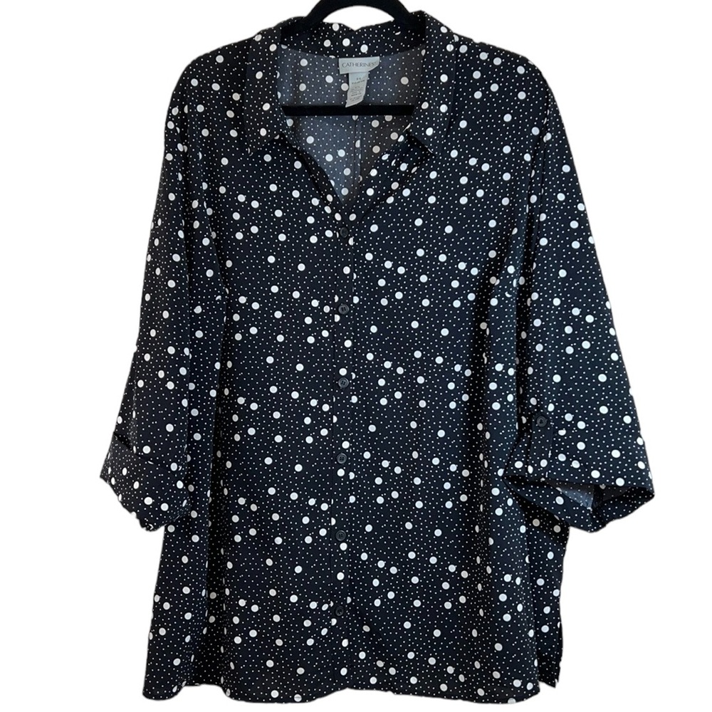 Catherine's Black Polka Dot Collared Button-Down Blouse, Women's 2X / 22-24W